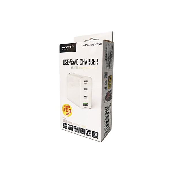 HIDISC ML-PDUS4PG100WH [GaN (KE)̗pPD3.0 Type-C+USB-A 100W AC[d A_v^[]