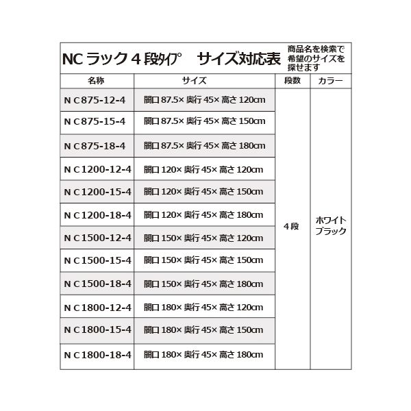 スチールラック NC1200-18 4段 間口1200×奥行450×高さ1800mm ブラック