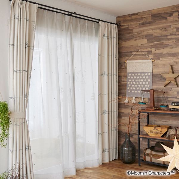 �X�~�m�G SUMINOE MOOMIN ���[�X�J�[�e�� �^�P�E�}�{�C�� ��150cm×��168cm �z���C�g A1031 1����