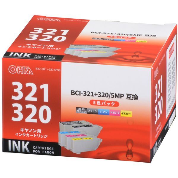 オーム電機 INK-C321+320-5PNB キヤノン互換インク 顔料ブラック+染料4
