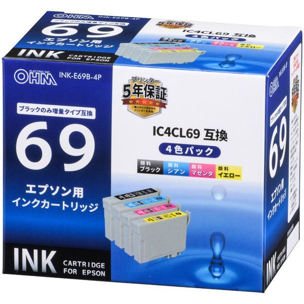 オーム電機 INK-E69B-4P [エプソン互換 IC4CL69 顔料4色 ブラック増量