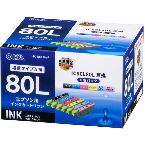 オーム電機 INK-E80LB-6P [エプソン互換 IC6CL80L 染料6色] | 激安の