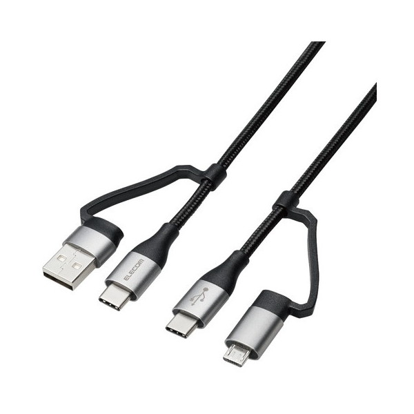 ELECOM MPA-AMBCC10BK [4in1 [dP[u ( USB Type C + USB A to USB Type C + microUSB ) PD 60WΉ P[u 1m iPad Macbook Chromebook Android [d ubN]