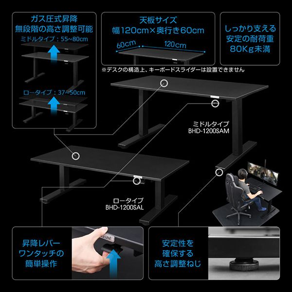 Bauhutte バウヒュッテ BHD-1200SAM-BK SAゲーミングデスク 脚部M ブラック 120cm幅 55～80cm昇降 |  激安の新品・型落ち・アウトレット 家電 通販 XPRICE - エクスプライス (旧 PREMOA - プレモア)