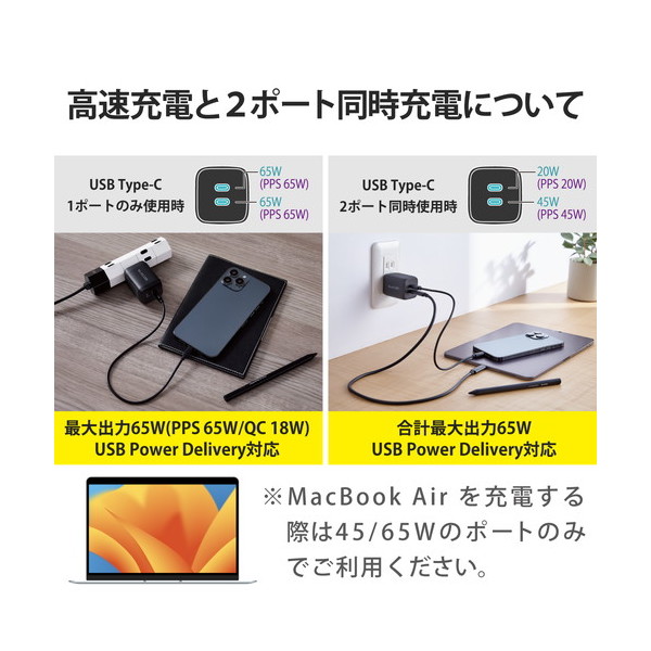 ELECOM MPA-ACCP4365BK USB Type-C 充電器 PD PPS対応 合計出力65W Type C×2 折りたたみプラグ 小型  軽量 ブラック 激安の新品・型落ち・アウトレット 家電 通販 XPRICE エクスプライス (旧 PREMOA プレモア)