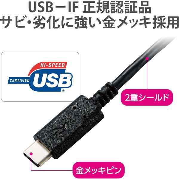 ELECOM U2C-CC30NBK2 USBケーブル 2.0 タイプC 3m 認証品 PD対応 3A