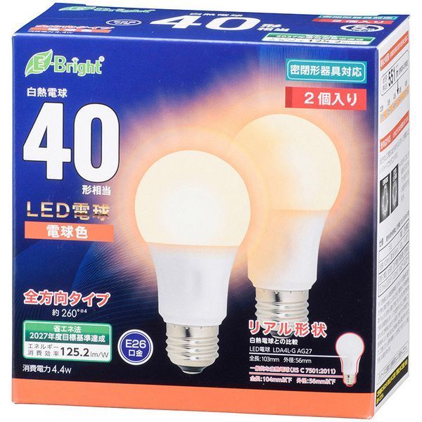 オーム電機 LDA4L-G AG27 2P [LED電球 E26 40形相当 全方向 電球色 2個