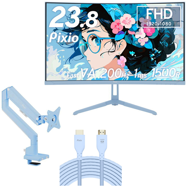 【セット販売】Pixio 23.8インチ ゲーミングモニター + モニターアーム Pixio PXC248WAVEB-O ブルー 23.8型 ゲーミングモニター 湾曲 + 3関節