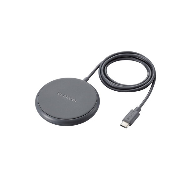 ELECOM W-QA25DGY ワイヤレス充電器 Qi認証 5W 卓上 滑り止めパッド ケーブル一体 おくだけ充電 ダークグレー