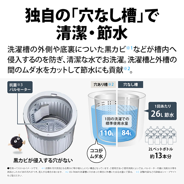 SHARP ES-TX6K-W ホワイト系 穴なし槽 [縦型洗濯乾燥機 (洗濯6.5kg