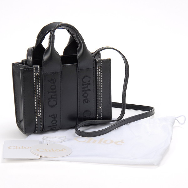 Chlne クロエ　ミニトートバッグ リネン製Woodyスモールトートバッグ White - Brown - Chloé