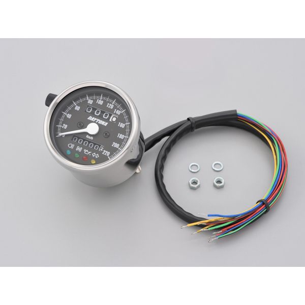 デイトナ D15638 機械式スピードメーター φ60 ホワイトLED照明(インジケーター付き) ステンレスボディ/ブラックパネル 220km/h