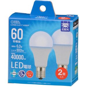 オーム電機 LDA6D-G-E17 AG62P [LED電球 小形E17 60形相当 昼光色 2個入]