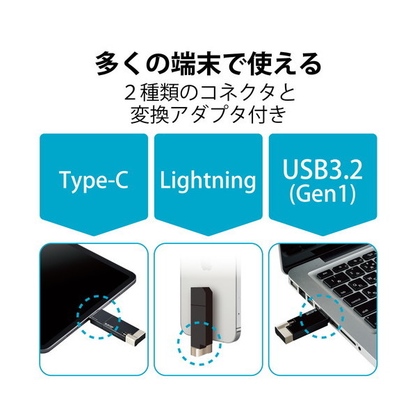 ELECOM MF-LGU3B256GBK ブラック USBメモリ 256GB USB3.2(Gen1) 3in1 MFI認証