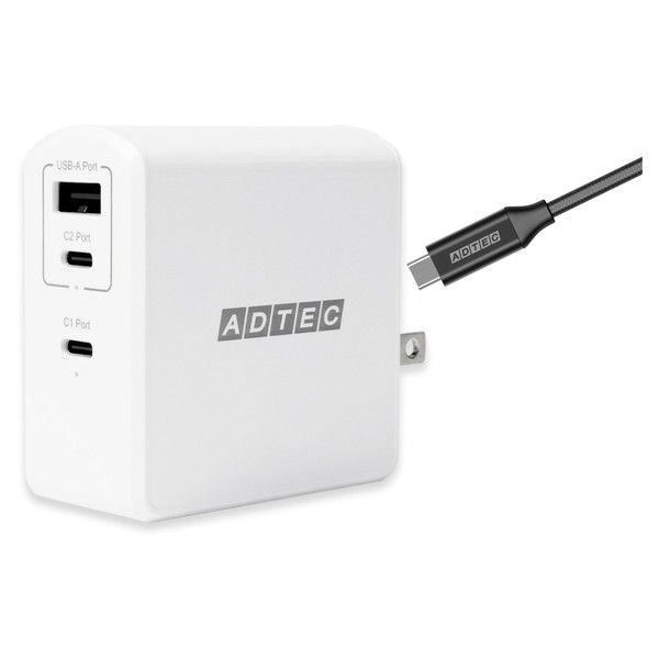 ADTEC APD-A105AC2-wC-WH zCg [Power DeliveryΉ GaN AC[d/105W/USB Type-A 1|[g Type-C 2|[g&Type-C to C P[uZbg]