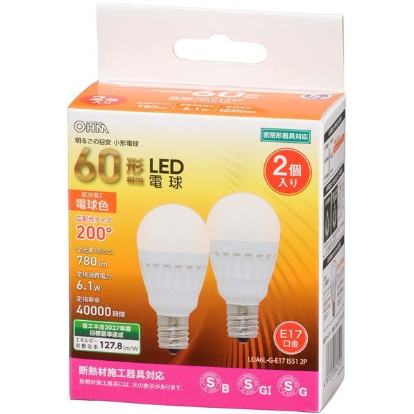 オーム電機 LDA6L-G-E17 IS51 2P [E17 一般電球形 60W相当 電球色 2個