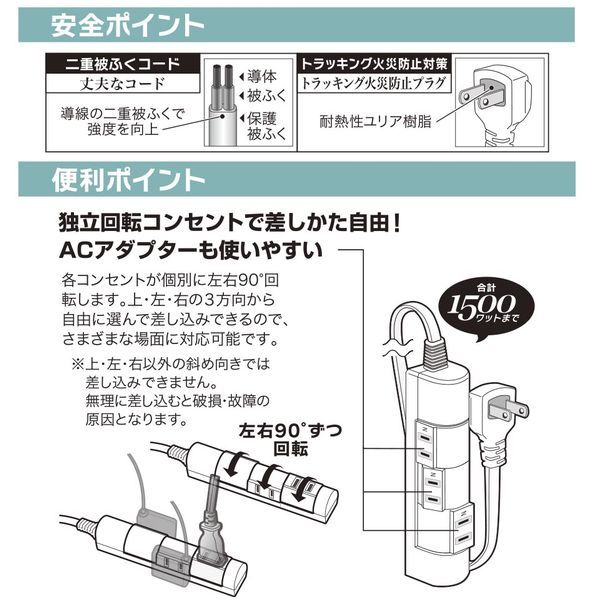 オーム電機 HS-T31C5W3-W [回転スリムタップ 3個口 1.5m ホワイト