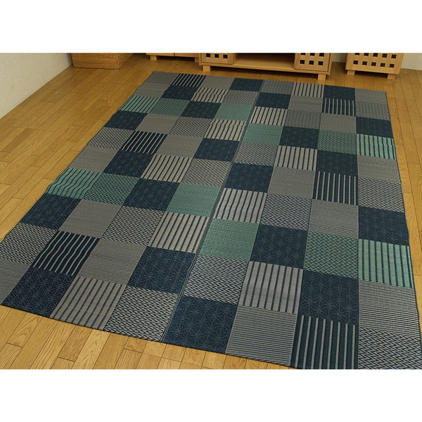 純国産 袋織い草ラグカーペット ブルー 約191×191cm