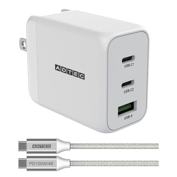 ADTEC APD-V065AC2-wC-WH zCg [Power DeliveryΉ GaN AC[d/65W/USB Type-A 1|[g Type-C 2|[g & Type-C to CP[uZbg]