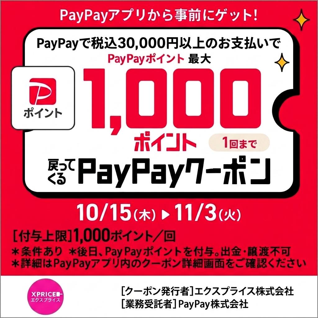 【PayPay】税込3万円以上のお支払いでPayPayポイント最大1000ポイントが戻ってくる！