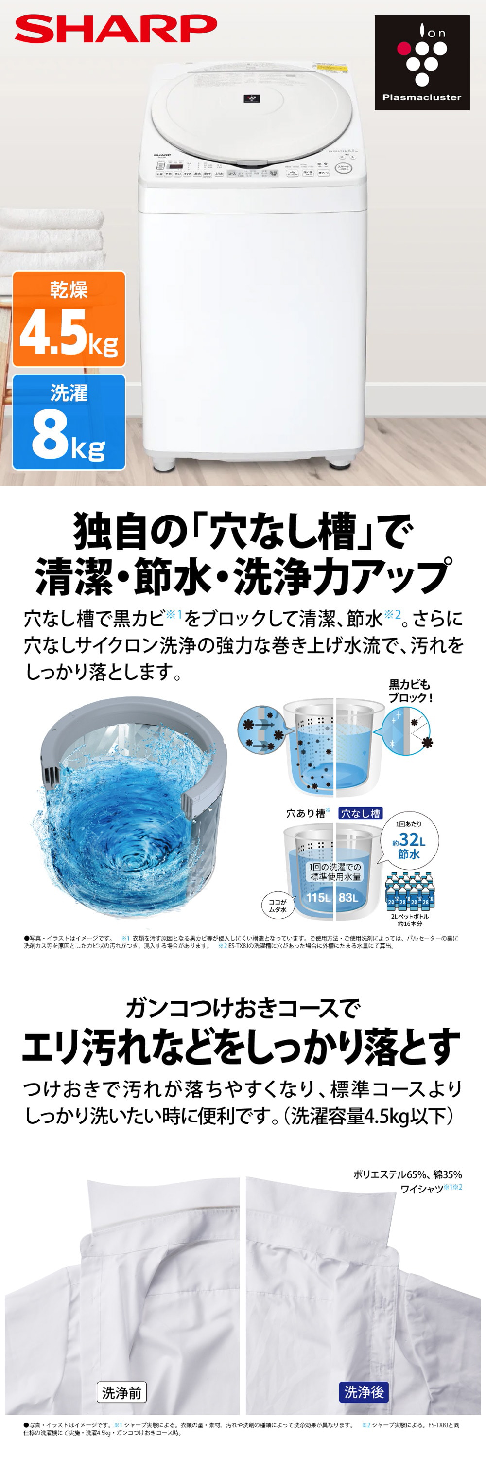 SHARP ES-TX8J-W ホワイト系 [縦型洗濯乾燥機 (洗濯8.0kg/乾燥4.5kg