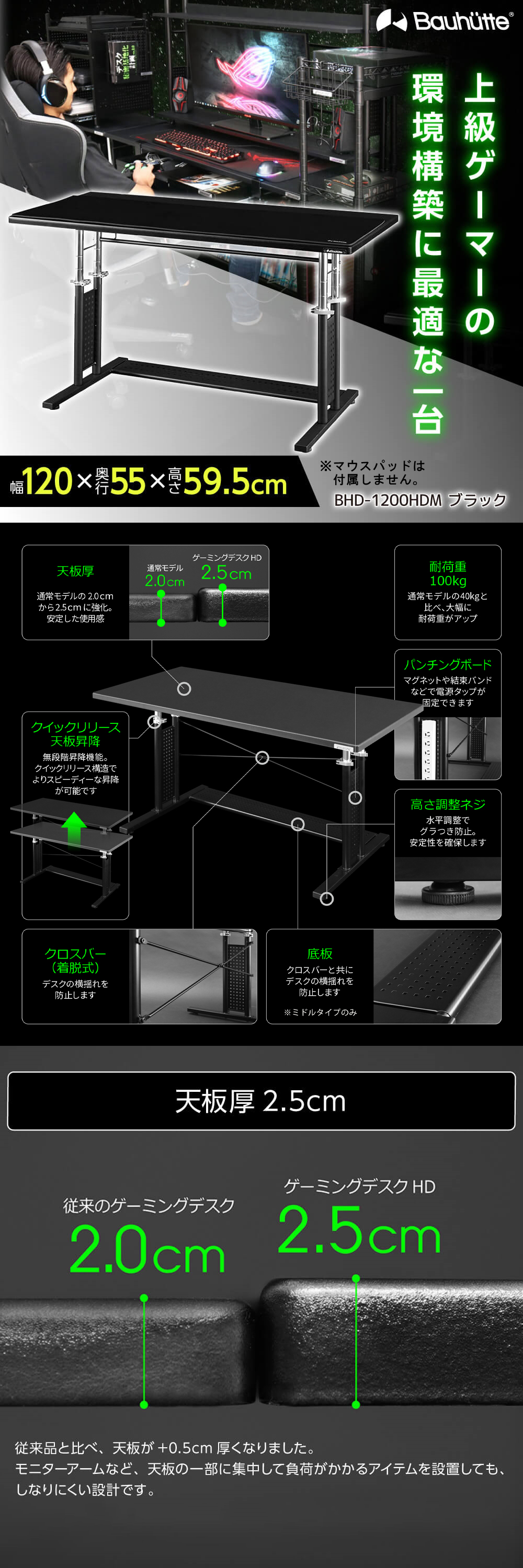BHD-1200HDM-BK ゲーミングデスクHD 詳細画像1