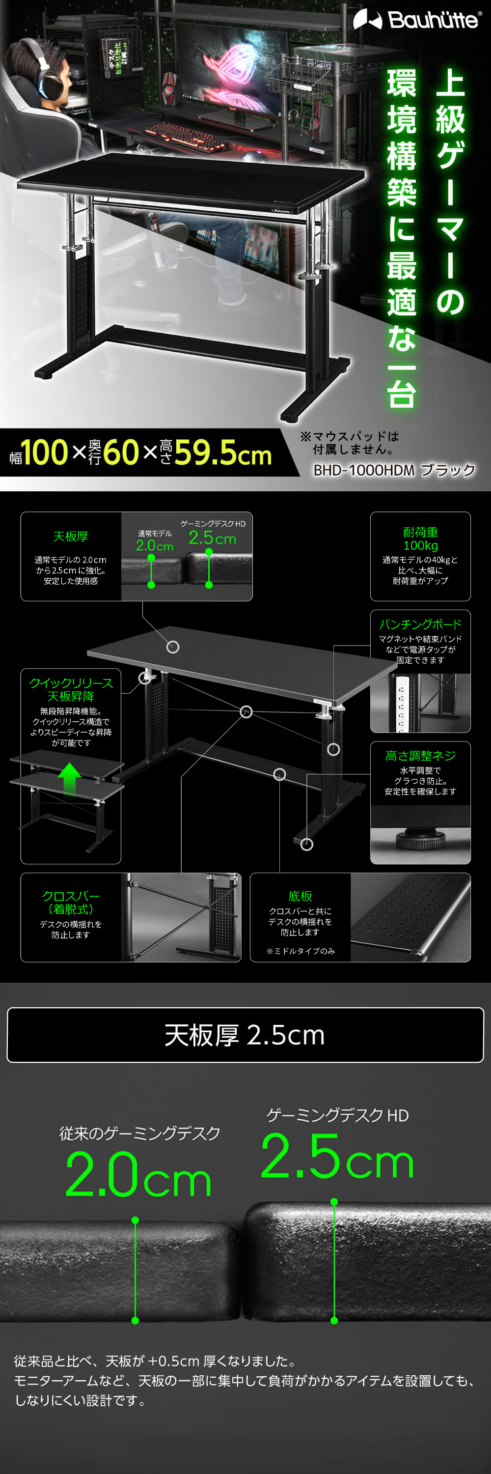 BHD-1000HDM-BK ゲーミングデスクHD 詳細画像1