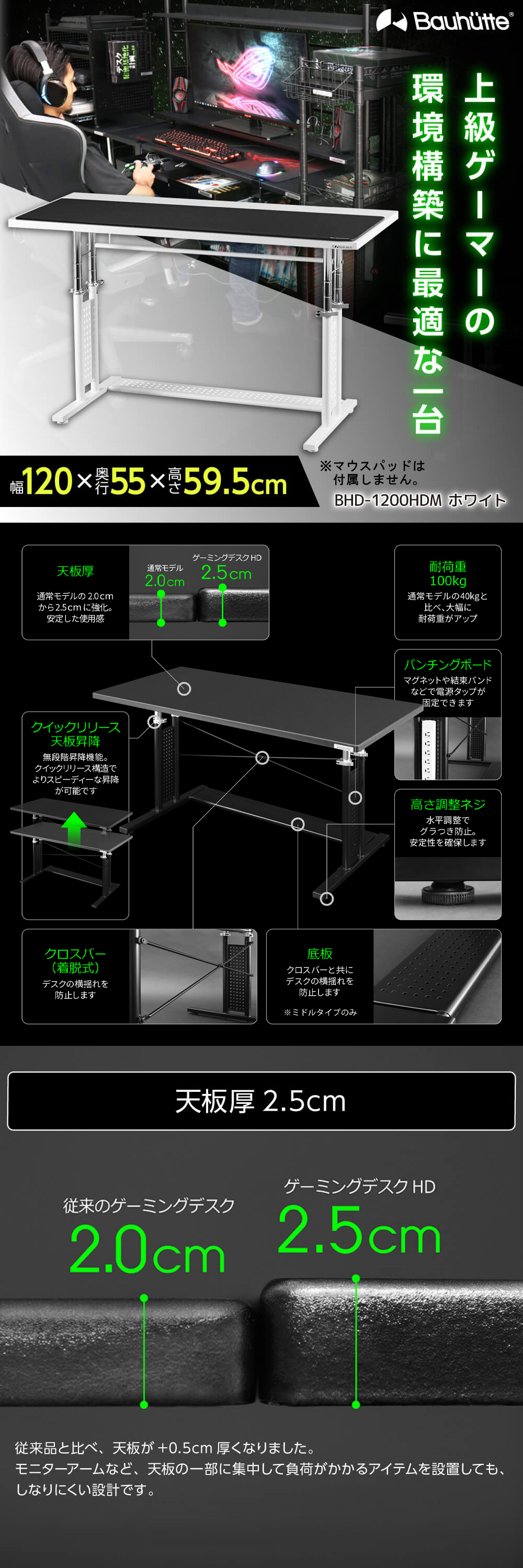 BHD-1200HDM-WH ゲーミングデスクHD 詳細画像1