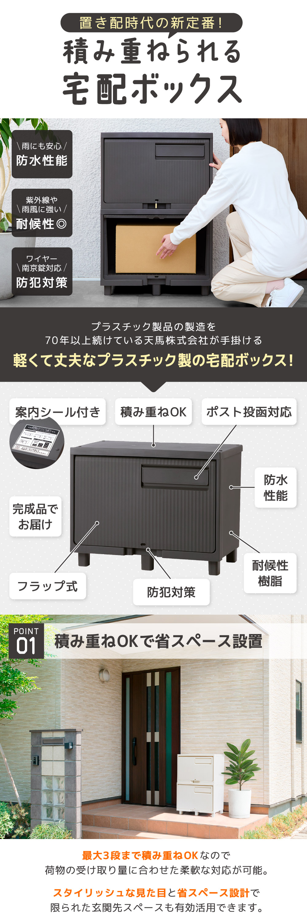 110015938 積み重ねても受け取れる宅配ボックス ダークグレー 詳細画像1