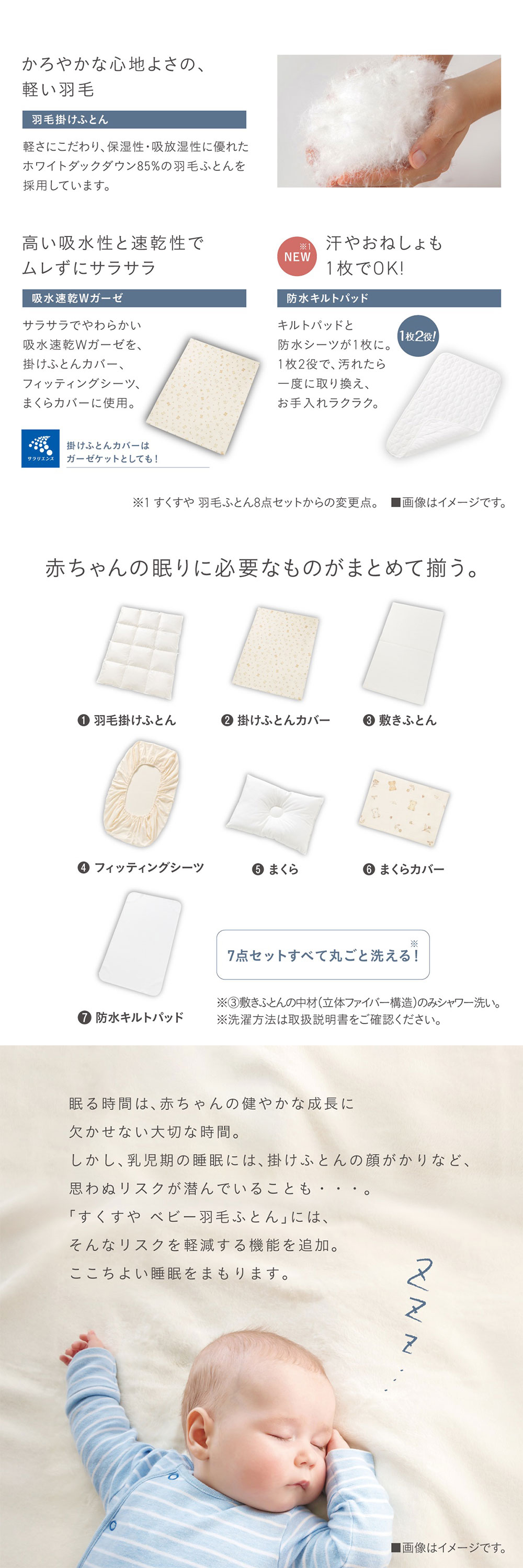 コンビ すくすや ベビー羽毛ふとん7点セット ミニサイズ スリープベア BR 118644 詳細画像3